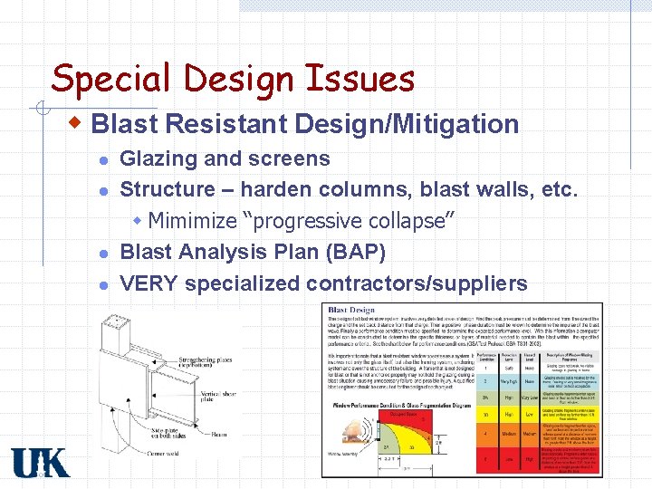 Special Design Issues w Blast Resistant Design/Mitigation l l Glazing and screens Structure –