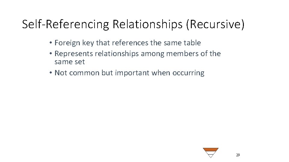 Self-Referencing Relationships (Recursive) • Foreign key that references the same table • Represents relationships