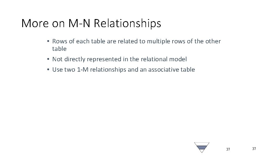 More on M-N Relationships • Rows of each table are related to multiple rows