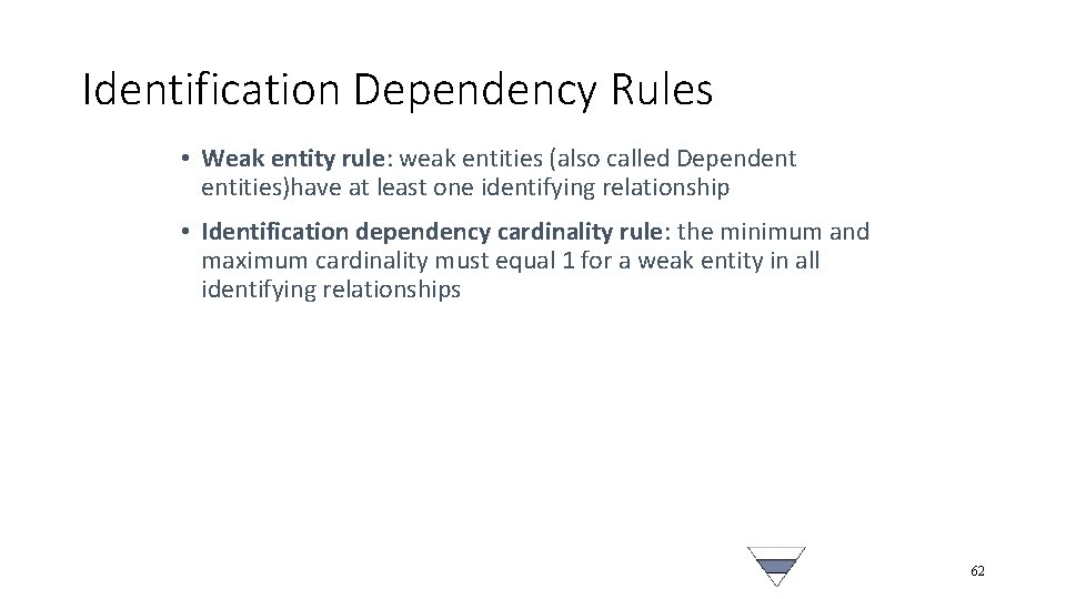 Identification Dependency Rules • Weak entity rule: weak entities (also called Dependent entities)have at