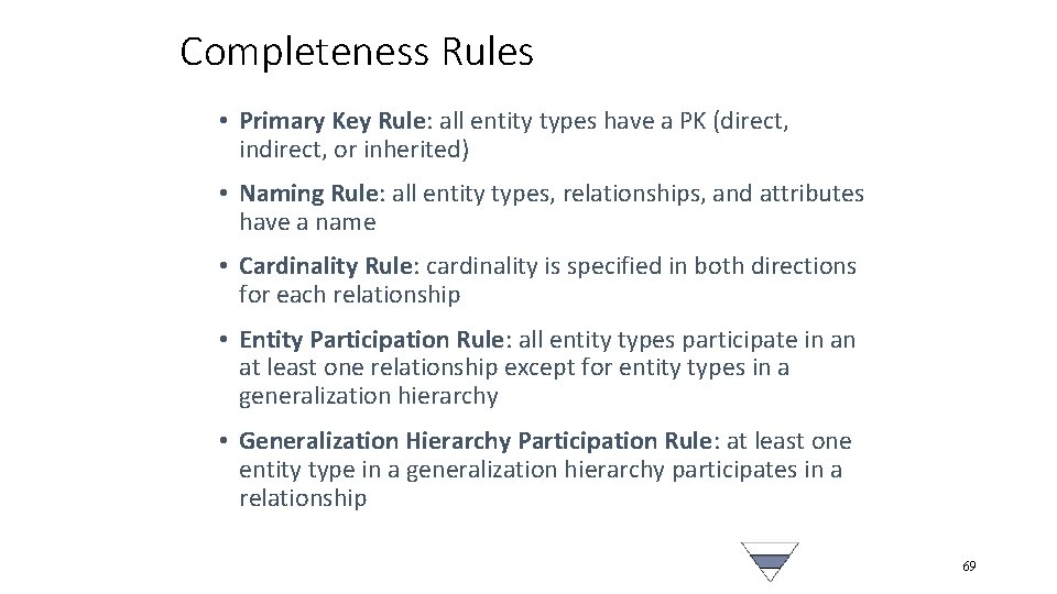 Completeness Rules • Primary Key Rule: all entity types have a PK (direct, indirect,