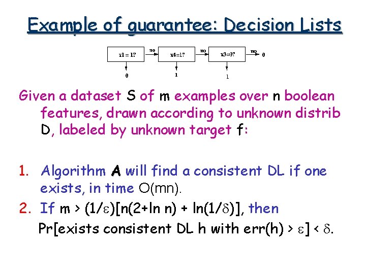 Example of guarantee: Decision Lists Given a dataset S of m examples over n