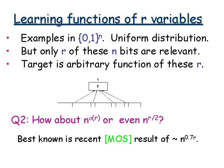 Learning functions of r variables • • • Examples in {0, 1}n. Uniform distribution.