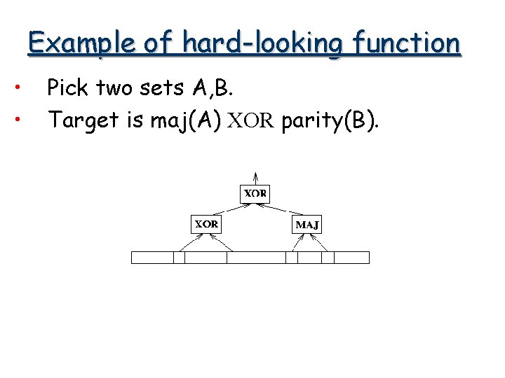 Example of hard-looking function • • Pick two sets A, B. Target is maj(A)