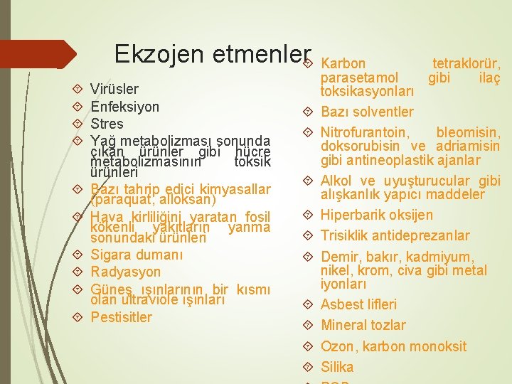 Ekzojen etmenler Karbon Virüsler Enfeksiyon Stres Yağ metabolizması sonunda çıkan ürünler gibi hücre metabolizmasının