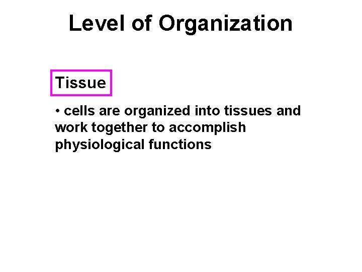 Level of Organization Tissue • cells are organized into tissues and work together to