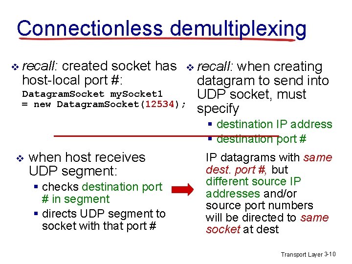 Connectionless demultiplexing v recall: created socket has host-local port #: v Datagram. Socket my. Connectionless demultiplexing v recall: created socket has host-local port #: v Datagram. Socket my.