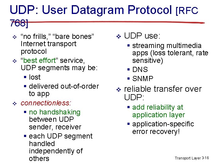 UDP: User Datagram Protocol [RFC 768] v v v “no frills, ” “bare bones”