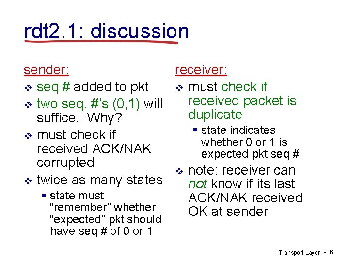 rdt 2. 1: discussion sender: receiver: v seq # added to pkt v must rdt 2. 1: discussion sender: receiver: v seq # added to pkt v must