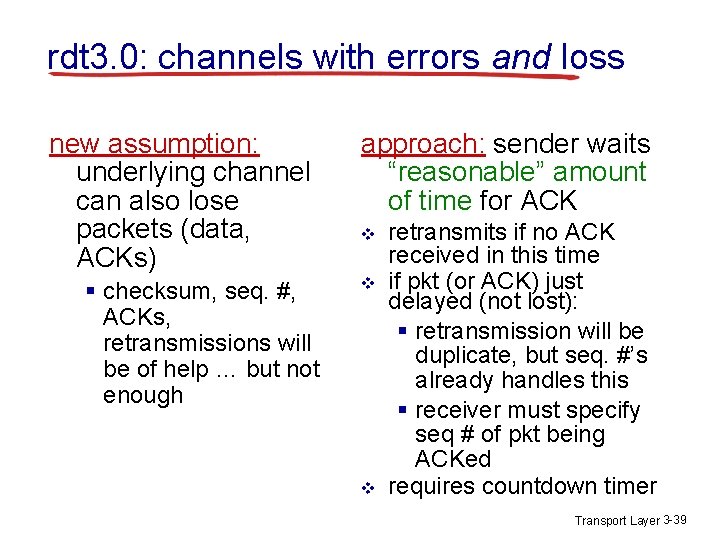 rdt 3. 0: channels with errors and loss new assumption: underlying channel can also rdt 3. 0: channels with errors and loss new assumption: underlying channel can also