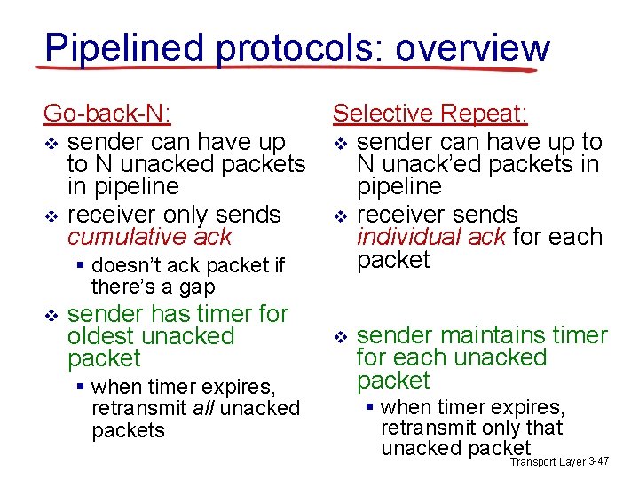 Pipelined protocols: overview Go-back-N: v sender can have up to N unacked packets in Pipelined protocols: overview Go-back-N: v sender can have up to N unacked packets in