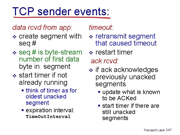 TCP sender events: data rcvd from app: timeout: v create segment with v retransmit TCP sender events: data rcvd from app: timeout: v create segment with v retransmit