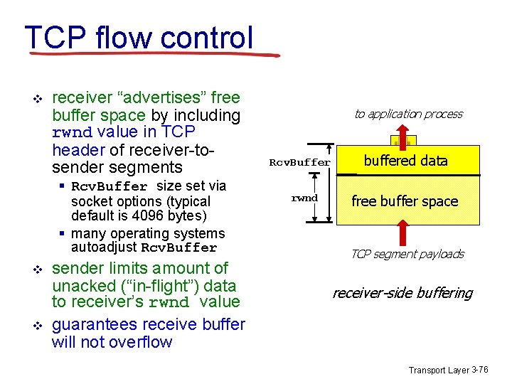 TCP flow control v receiver “advertises” free buffer space by including rwnd value in TCP flow control v receiver “advertises” free buffer space by including rwnd value in