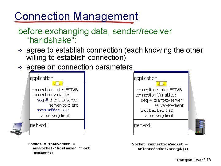 Connection Management before exchanging data, sender/receiver “handshake”: v v agree to establish connection (each Connection Management before exchanging data, sender/receiver “handshake”: v v agree to establish connection (each