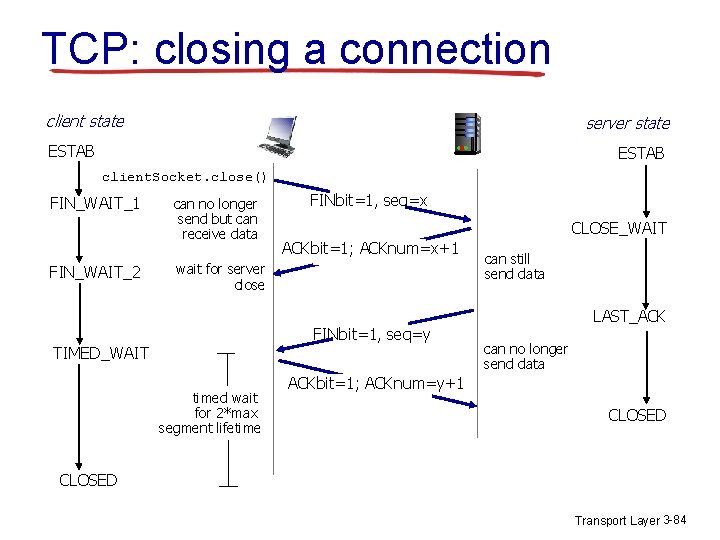 TCP: closing a connection client state server state ESTAB client. Socket. close() FIN_WAIT_1 FIN_WAIT_2 TCP: closing a connection client state server state ESTAB client. Socket. close() FIN_WAIT_1 FIN_WAIT_2