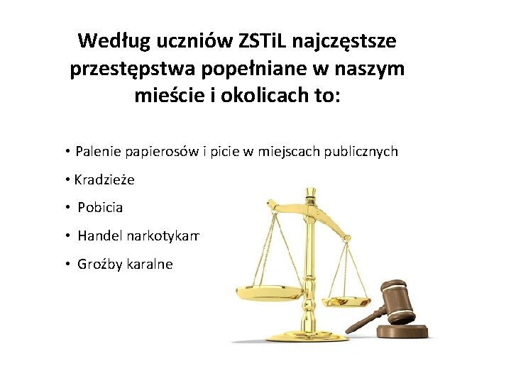 Według uczniów ZSTi. L najczęstsze przestępstwa popełniane w naszym mieście i okolicach to: •