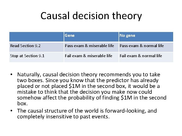 Causal decision theory Gene No gene Read Section 9. 2 Pass exam & miserable