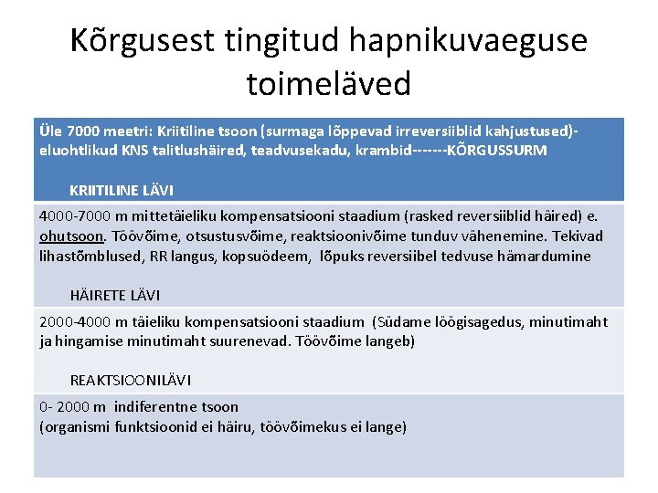 Kõrgusest tingitud hapnikuvaeguse toimeläved Üle 7000 meetri: Kriitiline tsoon (surmaga lõppevad irreversiiblid kahjustused)eluohtlikud KNS