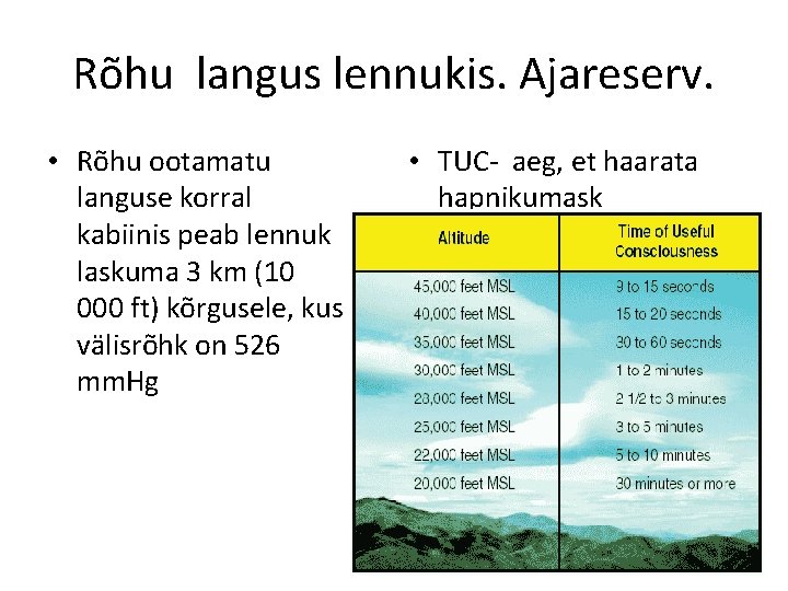 Rõhu langus lennukis. Ajareserv. • Rõhu ootamatu languse korral kabiinis peab lennuk laskuma 3