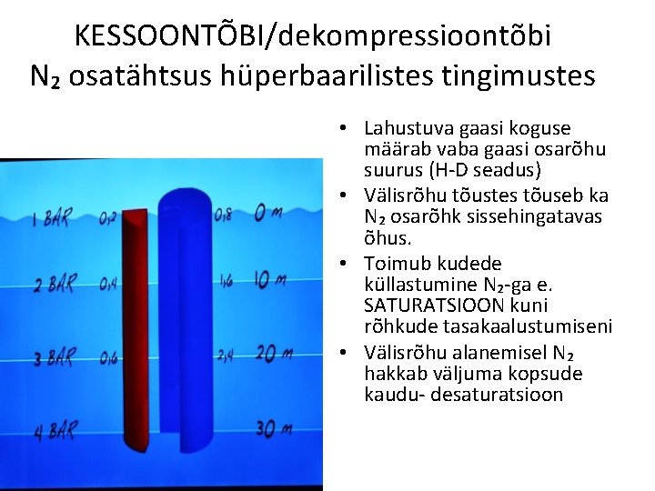 KESSOONTÕBI/dekompressioontõbi N₂ osatähtsus hüperbaarilistes tingimustes • Lahustuva gaasi koguse määrab vaba gaasi osarõhu suurus