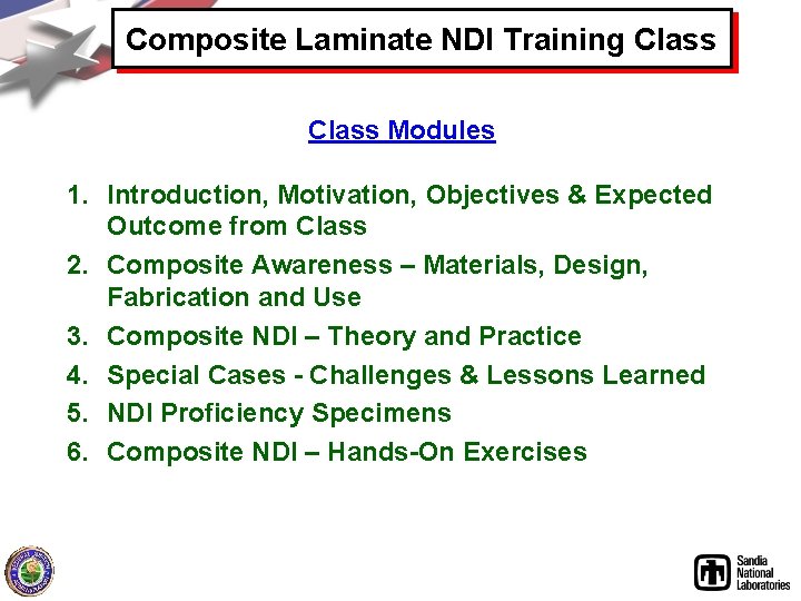 Composite Laminate NDI Training Class Modules 1. Introduction, Motivation, Objectives & Expected Outcome from