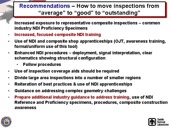 Recommendations – How to move inspections from “average” to “good” to “outstanding” • Increased