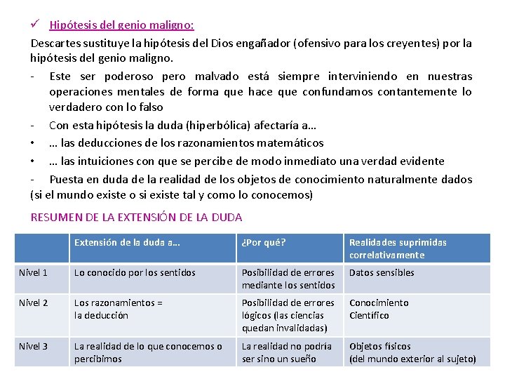 ü Hipótesis del genio maligno: Descartes sustituye la hipótesis del Dios engañador (ofensivo para