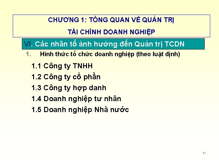 CHƯƠNG 1: TỔNG QUAN VỀ QUẢN TRỊ TÀI CHÍNH DOANH NGHIỆP VI. Các nhân