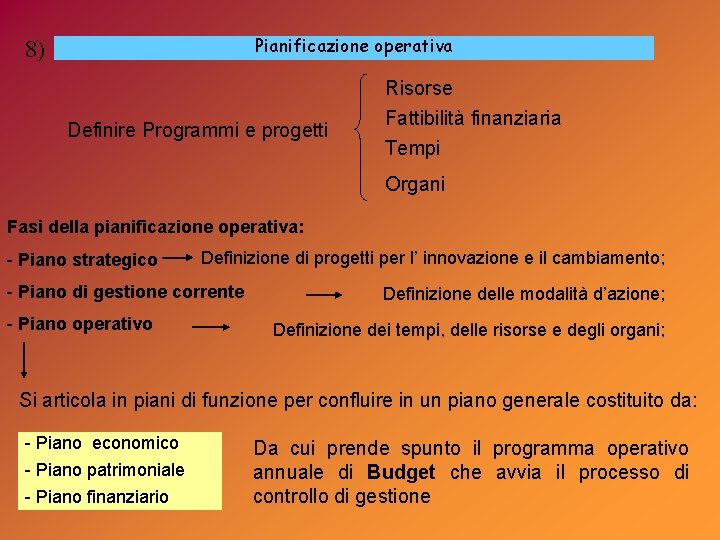 Pianificazione operativa 8) Risorse Definire Programmi e progetti Fattibilità finanziaria Tempi Organi Fasi della