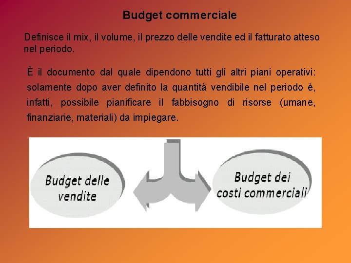 Budget commerciale Definisce il mix, il volume, il prezzo delle vendite ed il fatturato