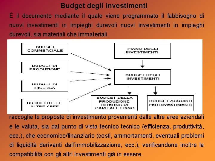 Budget degli investimenti È il documento mediante il quale viene programmato il fabbisogno di