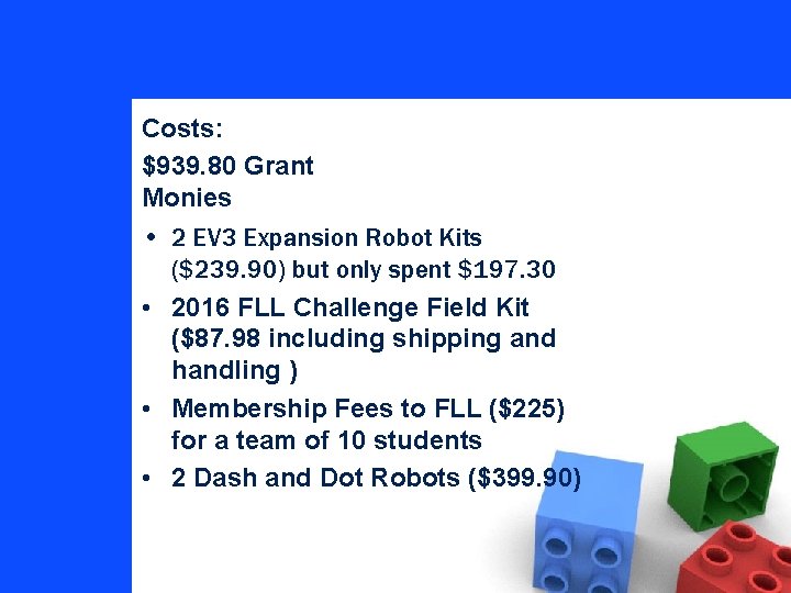 Costs: $939. 80 Grant Monies • 2 EV 3 Expansion Robot Kits ($239. 90)