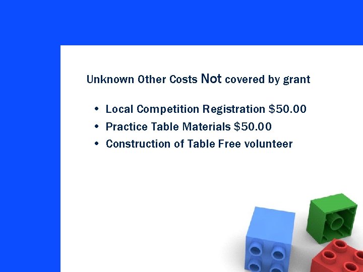 Unknown Other Costs Not covered by grant • Local Competition Registration $50. 00 •