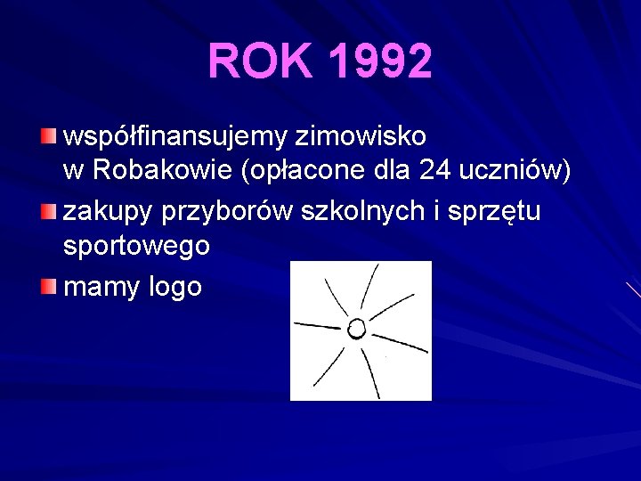 ROK 1992 współfinansujemy zimowisko w Robakowie (opłacone dla 24 uczniów) zakupy przyborów szkolnych i