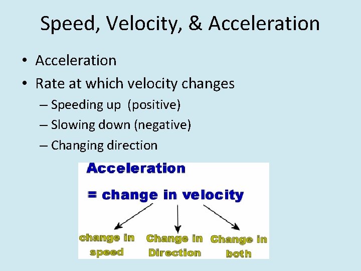 Speed, Velocity, & Acceleration • Rate at which velocity changes – Speeding up (positive)