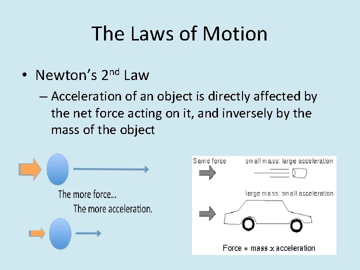 The Laws of Motion • Newton’s 2 nd Law – Acceleration of an object