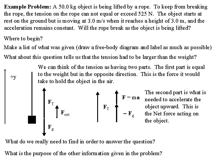 Example Problem: A 50. 0 kg object is being lifted by a rope. To