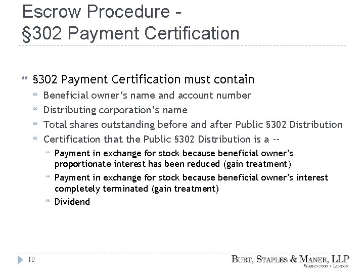 Escrow Procedure § 302 Payment Certification must contain Beneficial owner’s name and account number