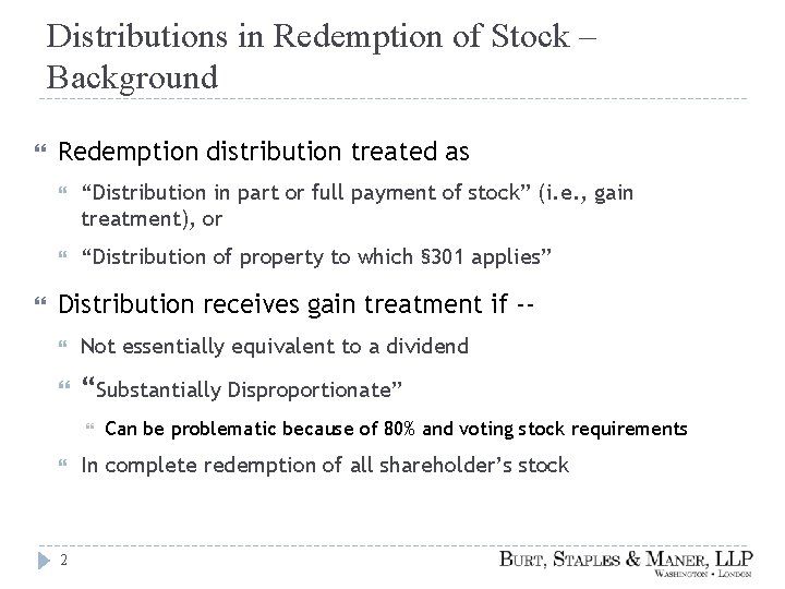 Distributions in Redemption of Stock – Background Redemption distribution treated as “Distribution in part
