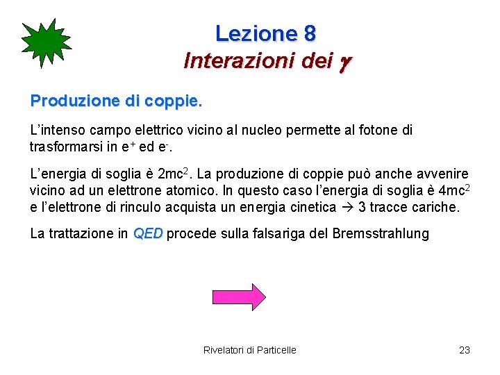 Lezione 8 Interazioni dei g Produzione di coppie. L’intenso campo elettrico vicino al nucleo