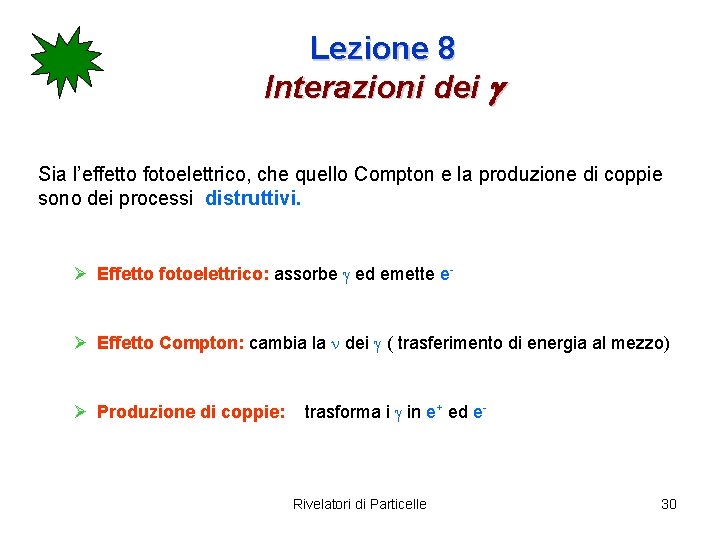 Lezione 8 Interazioni dei g Sia l’effetto fotoelettrico, che quello Compton e la produzione