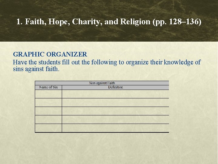 1. Faith, Hope, Charity, and Religion (pp. 128– 136) GRAPHIC ORGANIZER Have the students 1. Faith, Hope, Charity, and Religion (pp. 128– 136) GRAPHIC ORGANIZER Have the students