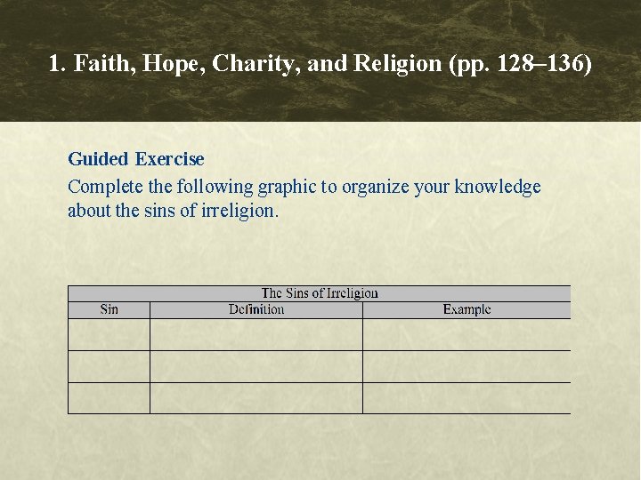 1. Faith, Hope, Charity, and Religion (pp. 128– 136) Guided Exercise Complete the following 1. Faith, Hope, Charity, and Religion (pp. 128– 136) Guided Exercise Complete the following