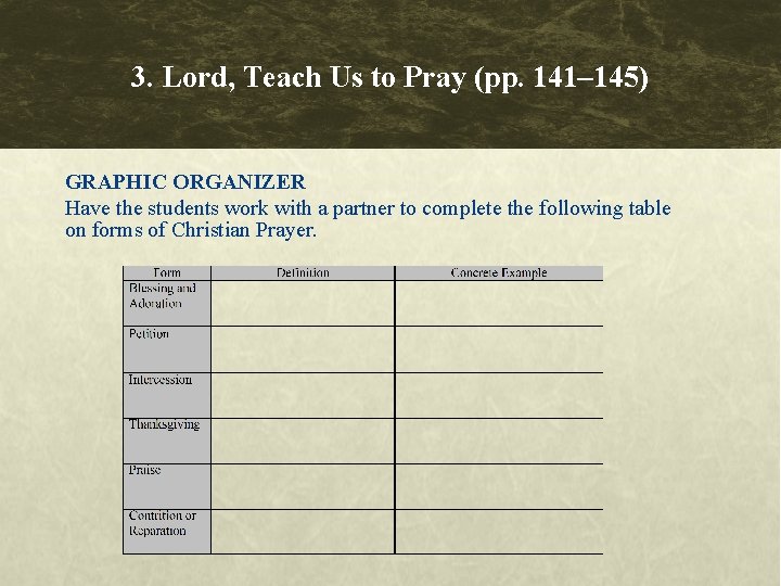 3. Lord, Teach Us to Pray (pp. 141– 145) GRAPHIC ORGANIZER Have the students 3. Lord, Teach Us to Pray (pp. 141– 145) GRAPHIC ORGANIZER Have the students