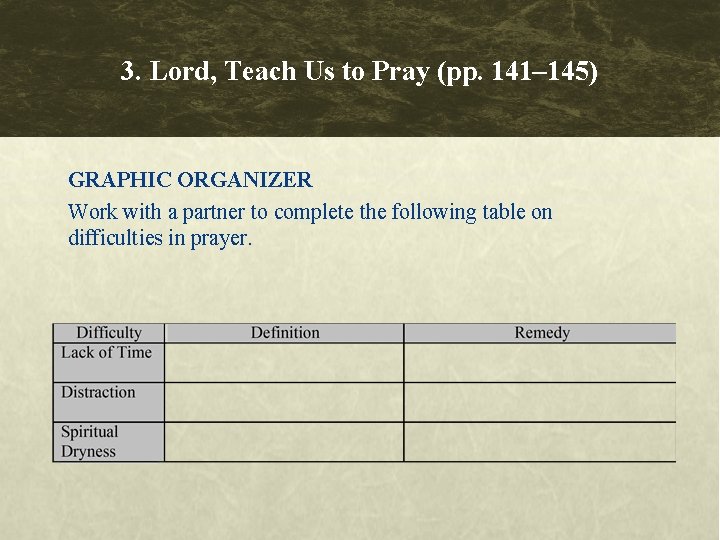 3. Lord, Teach Us to Pray (pp. 141– 145) GRAPHIC ORGANIZER Work with a 3. Lord, Teach Us to Pray (pp. 141– 145) GRAPHIC ORGANIZER Work with a