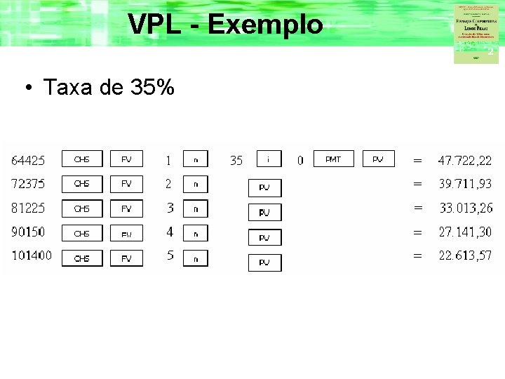 VPL - Exemplo • Taxa de 35% 