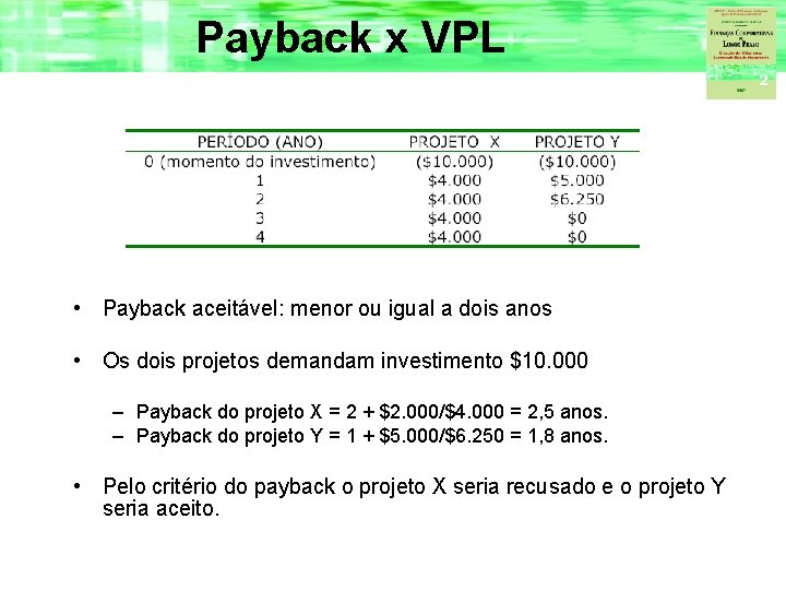 Payback x VPL • Payback aceitável: menor ou igual a dois anos • Os