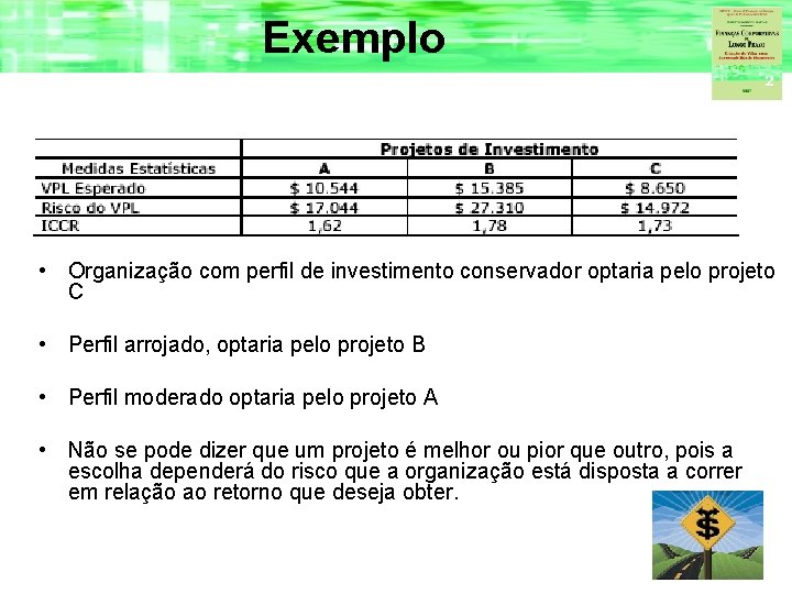 Exemplo • Organização com perfil de investimento conservador optaria pelo projeto C • Perfil