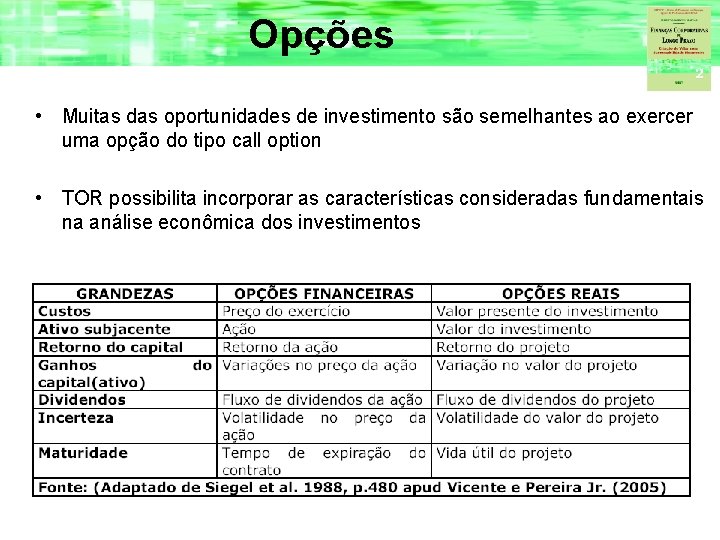 Opções • Muitas das oportunidades de investimento são semelhantes ao exercer uma opção do