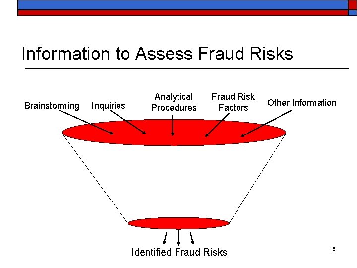 Information to Assess Fraud Risks Brainstorming Inquiries Analytical Procedures Fraud Risk Factors Identified Fraud